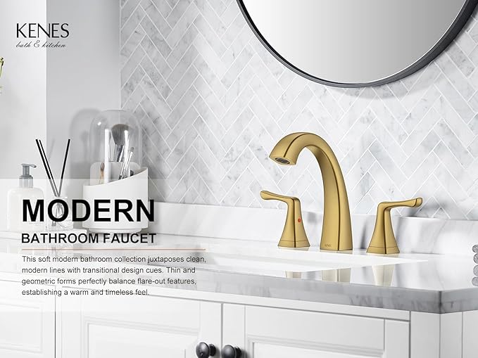 KENES Gold Bathroom Faucets for Sink 3 Hole, Brushed Gold 8 Inch 2 Handle Widespread Bathroom Faucet, Bathroom Vanity Faucet with Pop Up Drain & Supply Lines, LJ-9075-4