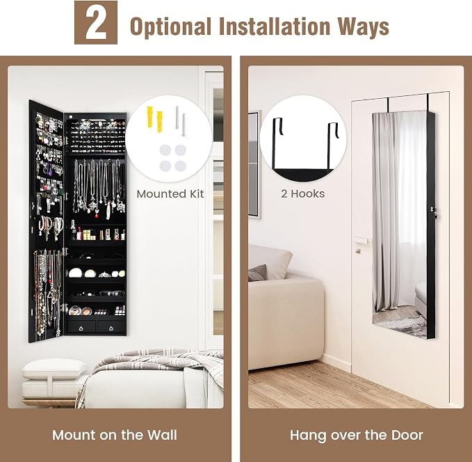 LDAILY Jewelry Armoire Wall or Door Mounted, Full-Length Mirror with Storage, Lockable Mirror Jewelry Cabinet w/ 2 Drawers, LED Lights, Over the Door Jewelry Organizer Box for Women Girls