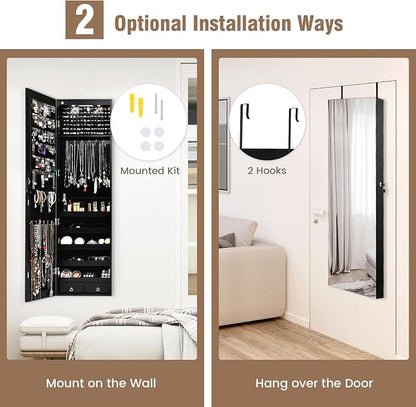 LDAILY Jewelry Armoire Wall or Door Mounted, Full-Length Mirror with Storage, Lockable Mirror Jewelry Cabinet w/ 2 Drawers, LED Lights, Over the Door Jewelry Organizer Box for Women Girls