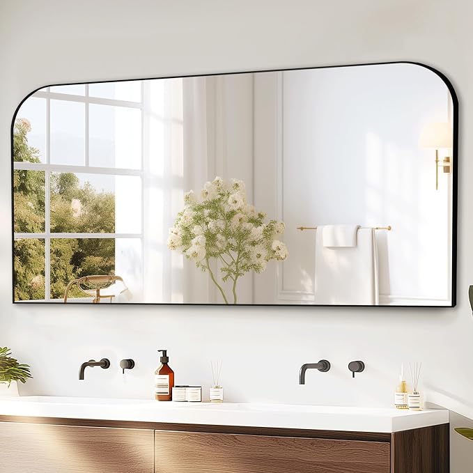 30"x55" Black Metal Framed Bathroom Mirror for Over Sink | Rounded rectangle shape. Shatterproof HD glass, all mounting hardware for bathroom, bedroom, entryway.