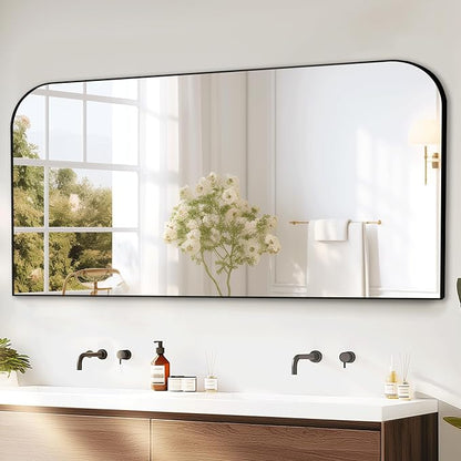 30"x55" Black Metal Framed Bathroom Mirror for Over Sink | Rounded rectangle shape. Shatterproof HD glass, all mounting hardware for bathroom, bedroom, entryway.
