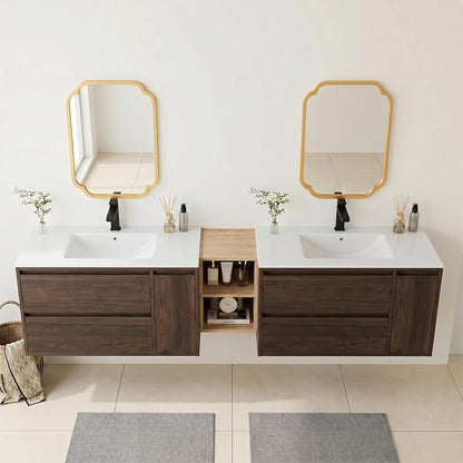 84 Modern Floating Double Sink Bathroom Vanity, Wall-Mounted with Seamless Ceramic Top, Rounded Corners, Full-Extension Soft-Close Drawers & Concealed Drainage (Wood color, 84 inch)
