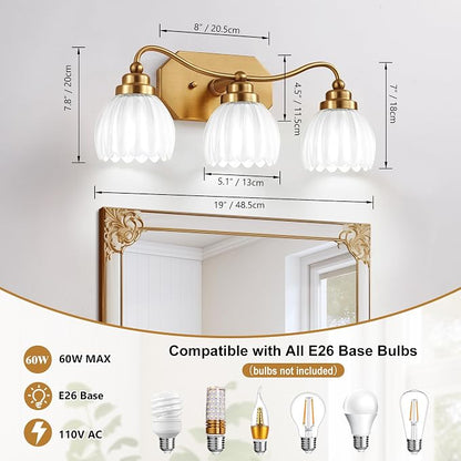 3 Light Gold Vintage Vanity Lights, Antique Brass Finish | Milk White Tulip Crystal Shades,Brushed Gold Bathroom Light Fixtures, Wall Sconce Ideal for Bedroom, Hallway, Easy to Install