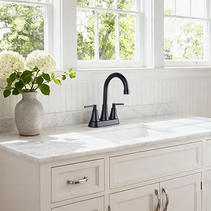 VCCUCINE Bathroom Faucets for Sink 3 Hole, Hurran 4 inch Matte Black with Pop-up Drain and 2 Supply Hoses, Stainless Steel 2-Handle Centerset Faucet for Sink Vanity,VC-MC-010B