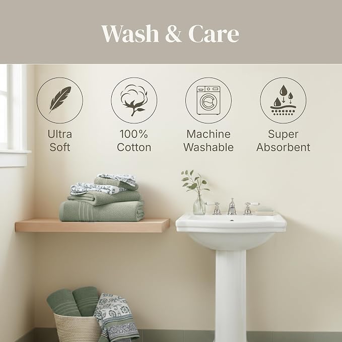 Modern Threads 6 Piece Bath Towel Set – Bathroom Set with 2 Bath Towels, 2 Hand Towels, and 2 Wash Cloths – 100% Cotton, Super Absorbent & Extra Soft – Reversible Floral Trail (Sage Green)