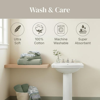 Modern Threads 6 Piece Bath Towel Set – Bathroom Set with 2 Bath Towels, 2 Hand Towels, and 2 Wash Cloths – 100% Cotton, Super Absorbent & Extra Soft – Reversible Floral Trail (Sage Green)
