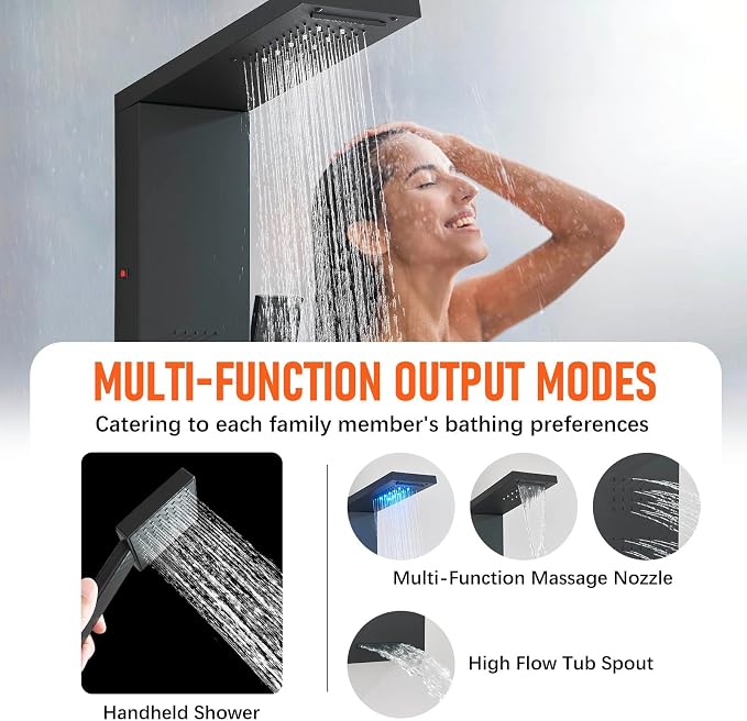 FUZ Shower Panel Tower System, Stainless Steel 5 IN 1 Shower Panel System with LED Fancy Rain Shower Head and Handheld, Adujstable Rainfall Massage Body Jets and Tub Spout, Matte Black Shower Tower