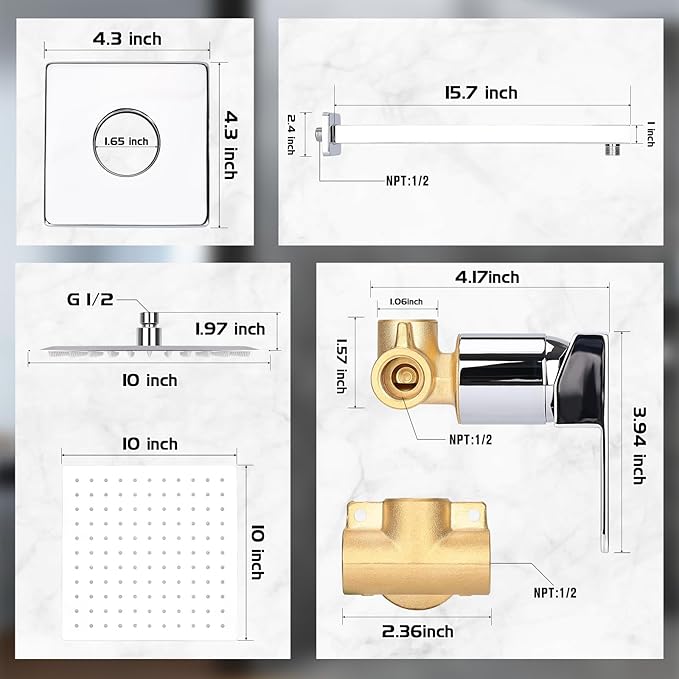 10 Inch Rainfall Shower Faucet Single Function Shower Trim Kit with Rough-in Valve Shower Set Square Stainless Steel Metal Touch-Clean Shower Head Chrome