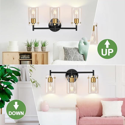 Indoi Bathroom Light Fixtures, 3-Light Black and Gold Vanity Light, Black Bathroom Lights Over Mirror with Clear Glass Shade for Mirror Bedroom Living Room