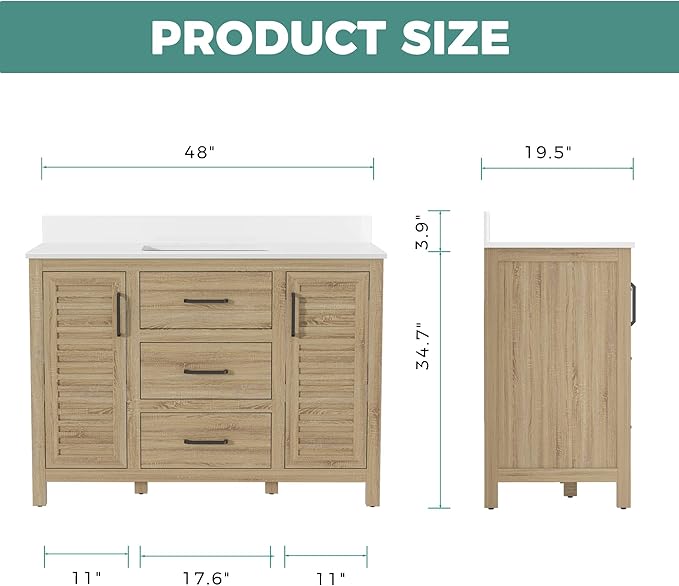48" Brown Freestanding Bathroom Vanity with Single Sink, Durable Quartz Countertop & Ceramic Basin, Brown Woodgrain Cabinet with Soft-Close Doors & 3 Drawers, Fully Pre-Assembled