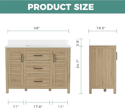 48" Brown Freestanding Bathroom Vanity with Single Sink, Durable Quartz Countertop & Ceramic Basin, Brown Woodgrain Cabinet with Soft-Close Doors & 3 Drawers, Fully Pre-Assembled