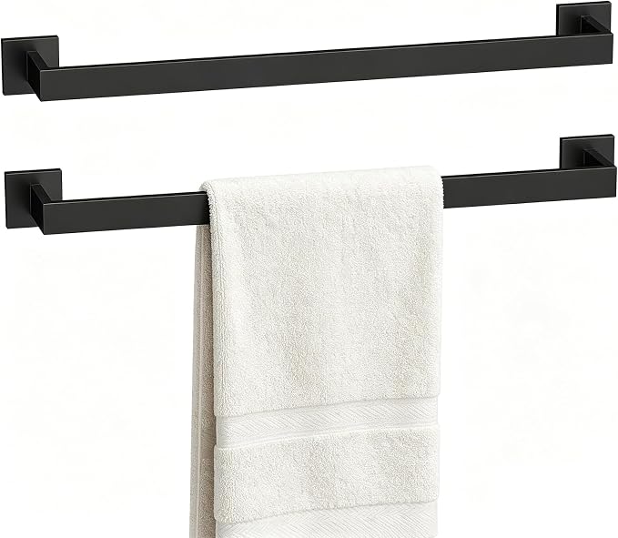 23.6 Inch Matte Black Bathroom Towel Bar Set, 2-Piece Square Wall Mounted Towel Rack, Wall Mounted 304 Stainless Steel Towel Holder for Bathroom