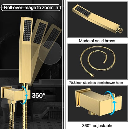 Brushed Gold Rain Shower System Faucet Set with Handheld, 12 inch | Solid Metal Wall Mount Rainfall Shower Set with Safe Anti-Scald Valve, Air Injection High Pressure Water Saving Combo
