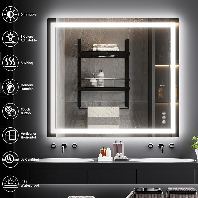 36" x 40" LED Bathroom Mirror with Lights, Memory Vanity Mirror | Anti-Fog, 3 Color Modes, Dimmable, Front Lit, Memory Function, Tempered Glass, Lighted Bathroom Mirror for Wall