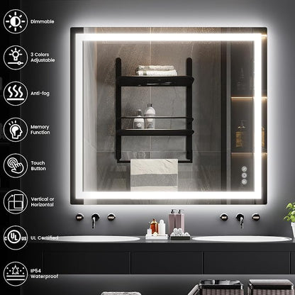 36" x 40" LED Bathroom Mirror with Lights, Memory Vanity Mirror | Anti-Fog, 3 Color Modes, Dimmable, Front Lit, Memory Function, Tempered Glass, Lighted Bathroom Mirror for Wall