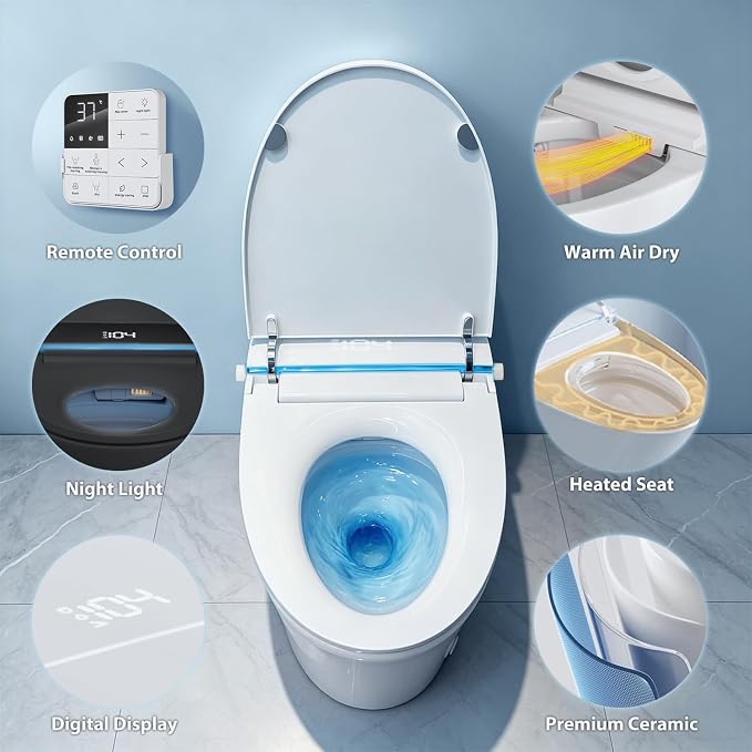 Smart Toilet with Bidet Built in, Tank Built in with Powerful Flush, Heated Seat, Auto Flush and Close, Warm Water, Air Dryer, Night Light and ADA Comfort Height for Bathroom