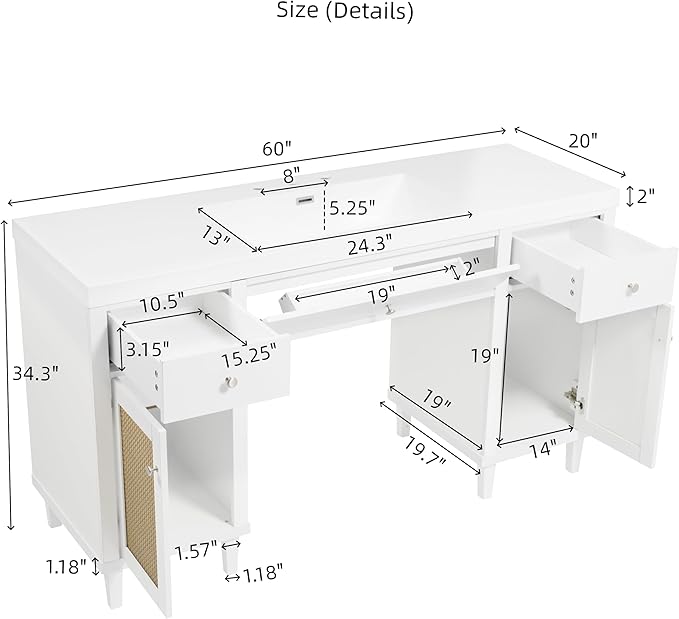 60 Inch White Bathroom Vanity with Single Sink & Integrated Countertop,Large Bathroom Vanity with Rattan Doors,2 Drawers & Storage Cabinets,Gas Spring Tip-Out Tray,Soft Closing System,Solid Wood Legs