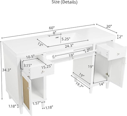 60 Inch White Bathroom Vanity with Single Sink & Integrated Countertop,Large Bathroom Vanity with Rattan Doors,2 Drawers & Storage Cabinets,Gas Spring Tip-Out Tray,Soft Closing System,Solid Wood Legs