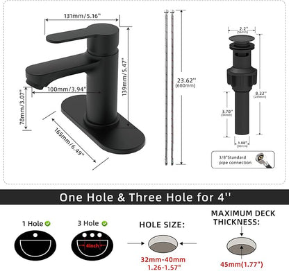 BELZ Black Bathroom Faucet, Lead-Free for 1 or 3 Hole 4" Vanity Sink | NSF372 Compliant,Anti-peeling PVD Finish,Includes Pop-up Drain & Hoses,Single Handle Modern Design, Easy DIY Install