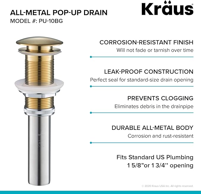 KRAUS Pop-Up Drain, Fits Sinks with 1.75 in. Drain Opening, Brushed Gold,PU-10BG