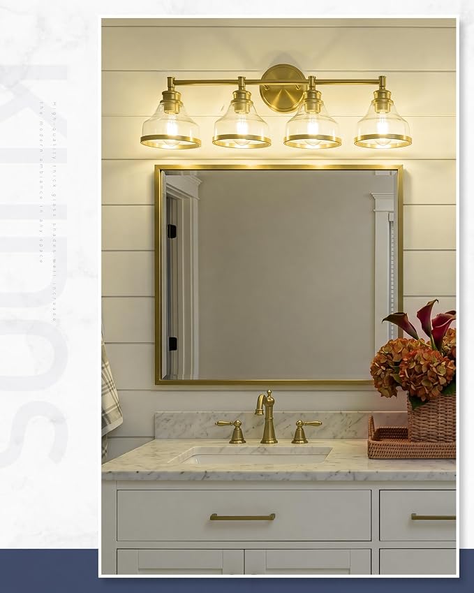 kudos 4-Light Brushed Gold Vanity Light, Clear Glass Shade | 33" bathroom light fixtures over mirror, upward or downward, E26 base, bulbs not included, Hardwired, KDVL20-GD-4