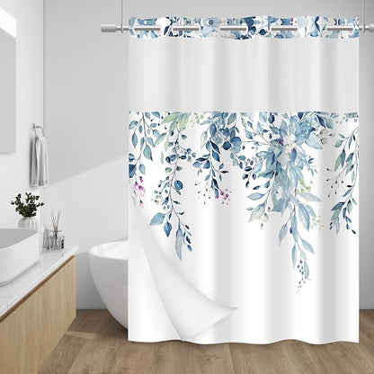 No Hook Floral Shower Curtain with Liner, Eucalyptus Blue, 71x74 | Snap in Liner, 3 in 1, Water Repellent, Easy Install, Machine Washable, Hotel Style for Bathroom, Watercolor Pattern