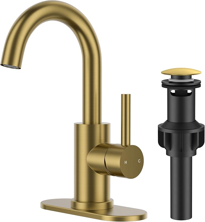 FORIOUS Bathroom Faucet 1 Hole Single Handle Sink Faucet Brushed Gold | with 6-inch Deck Plate for 1 or 3 hole(4-inch centerset)Sink Setup, Supply Lines and Drain, Swivel for Bar Kitchen RV Vanity