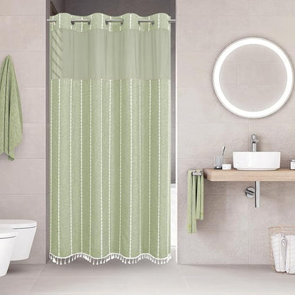 eachope No Hook Stall Shower Curtain with Snap-in Fabric Liner - 54x80 Heavy-Duty Linen Textured Striped Design,Narrow Rustic Modern Farmhouse Bohemian Bathroom Curtain,Water-Repellent,Sage Green | 330GSM Heavy-Duty Linen Textured Striped Design,Narrow...