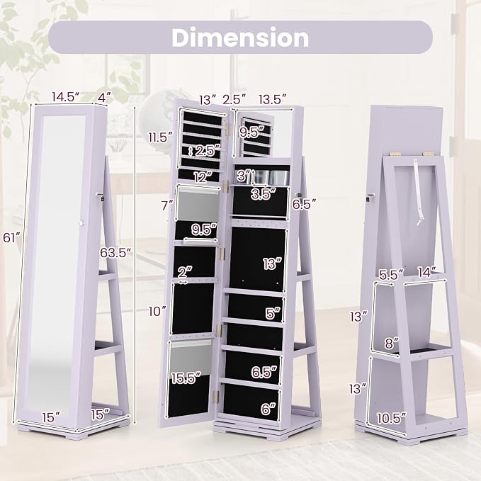GOFLAME 360° Rotating Jewelry Armoire, Lockable Jewelry Cabinet with Full-Length Mirror & Inner Makeup Mirror, Standing Jewelry Storage Organizer with Rear Storage Shelves, Lavender