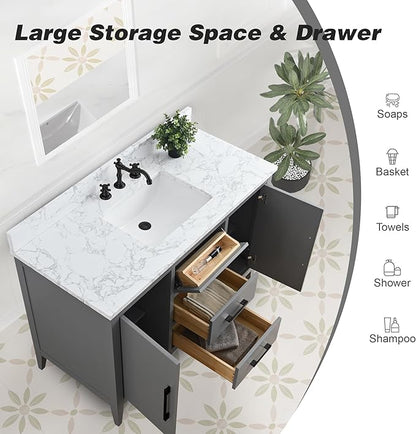 HomeBeyond 48 Inch Bathroom Vanity with Sink & Ceramic Top, Single Vanity Cabinet with Basin, Soft-Closing Doors & Matte Black Hardware, Grey