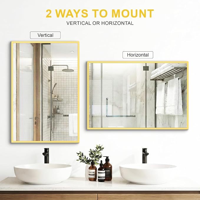 Bathroom Mirror for Wall, 2 Pack 20"x30" Gold Vanity Mirror | Sturdy Rectangular Metal Frame, HD Tempered Glass, Hangs Horizontally or Vertically in Bedroom, Living Room, Entryway