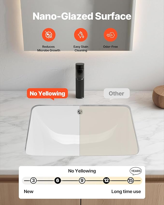VEVOR Undermount Bathroom Sink, 20.28 x 15.16 Inch Rectangular White Ceramic Vessel Sink with Overflow Hole, Under Counter Drop in Modern Lavatory Vanity Bath Wash Bowl Basin, Rectangle Small Space