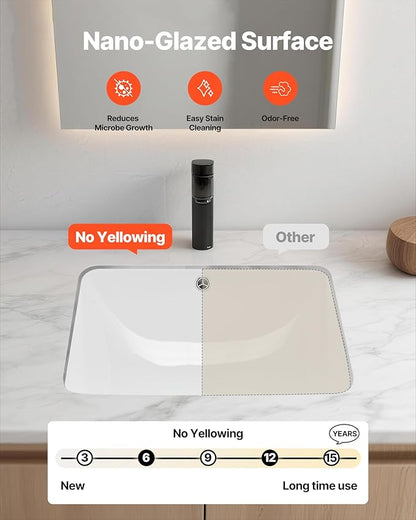 VEVOR Undermount Bathroom Sink, 20.28 x 15.16 Inch Rectangular White Ceramic Vessel Sink with Overflow Hole, Under Counter Drop in Modern Lavatory Vanity Bath Wash Bowl Basin, Rectangle Small Space