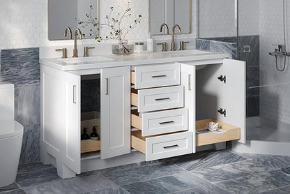 ARIEL Taylor 66-inch Bathroom Vanity with Sink,Solid Wood, 1.5-inch Pure White Quartz Countertop & Backsplash, Double Oval Porcelain Sink, 4 Soft Closing Doors, 5 Dovetail Drawers, Satin Brass, White
