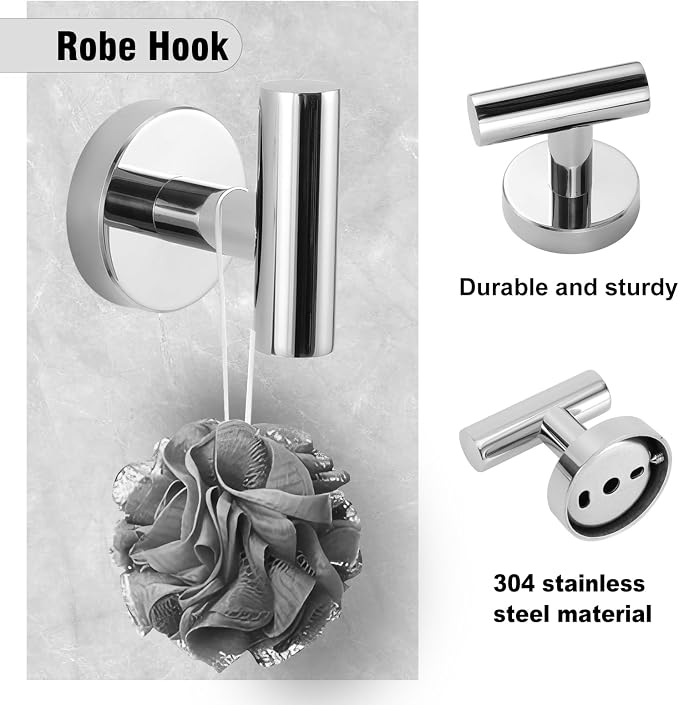 5 Piece Modern Style Wall Mounted Bathroom Hardware Set | #304 Stainless Steel, 24" Towel Bar Mount, Towel Rings, L Shape Toilet Paper Holder, Bathrobe Hook (Chrome)