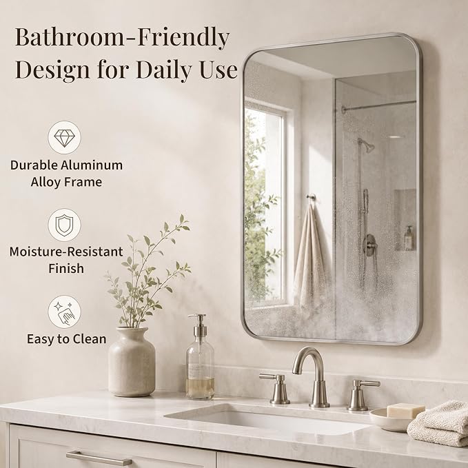 2-Pack 24x36 Inch Brushed Nickel Rounded Rectangle Vanity Mirrors | Double Vanity or Two Bathrooms, Pair or Separate Use, Aluminum Frame, Slim Front Profile, Two-Way Mount