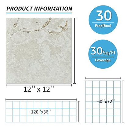 Art3d 30-Pack Peel and Stick Floor Tiles, 12" x 12", White Grey Vein Marble | Anti-Slip, Waterproof, Stain-Resistant, Simple to Clean, Durable, Premium Vinyl, Ideal for Kitchen, Dining Room, Bedrooms