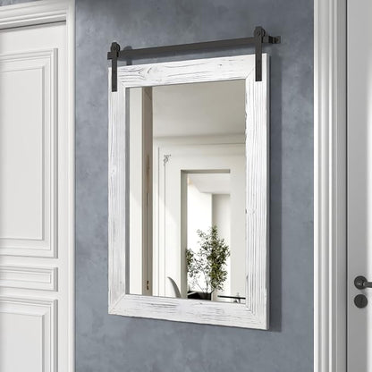 COGOOD Farmhouse Barn Door Mirror - 26 x 17 White | Rustic Wood Framed Vanity Mirror for Entryway, Living Room, Bedroom, Bathroom Wall Decor