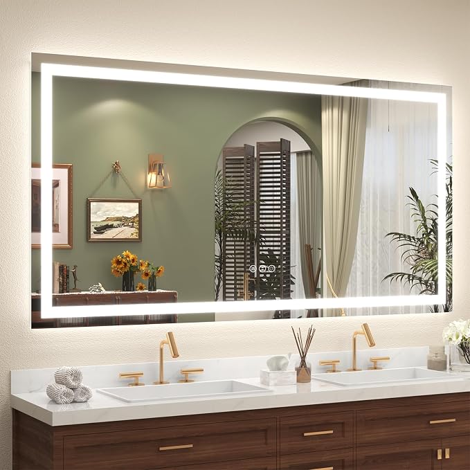 68x36 LED Lighted Bathroom Mirror for Vanity Wall | Front Light and Backlit, Anti-Fog, Memory, 3 Color, Tempered Glass, Dimmable, Rectangular, UL, Horizontal/ Vertical Mounted