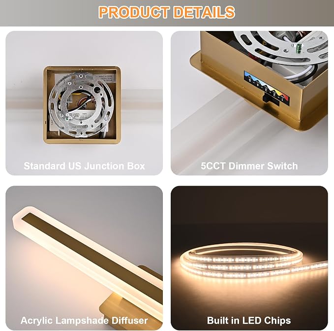 Modern Bathroom Vanity Light 31.6 Inch, 36W 5CCT Dimmable LED Vanity Light Bar, Brushed Brass LED Bathroom Lighting Fixtures Over Mirror Wall Sconces for Cabinets Bedroom Living Room