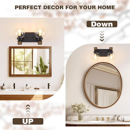 Farmhouse Bathroom Vanity Light, 2-Light Wood Bathroom Light Fixtures Over Mirror, Black Vanity Lighting Fixtures with Glass Shades, Rustic Bathroom Lighting for Living Room Bedroom Hallway