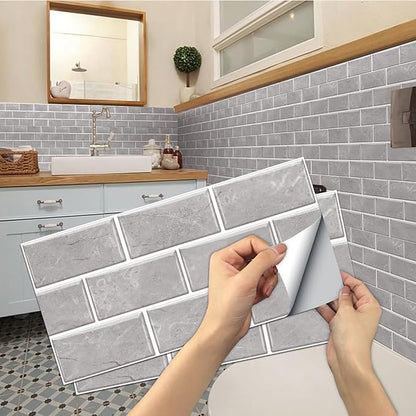 12-Sheet Grey Peel and Stick Wallpaper, Subway Tile 6''x12'' Self Adhesive Wall Tiles Waterproof PVC Stick on Backsplash Vinyl Decorative Tiles Stickers for Kitchen Bathroom