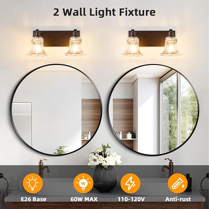 Vintage 2-Light Bathroom Vanity Light, Oil Rubbed Bronze Bathroom Light Fixtures with Floral Clear Glass Shades, Antique Wall Sconce Fixtures for Dressing Table, Bedroom