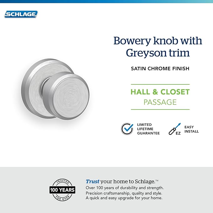 SCHLAGE F10 BWE 626 GSN Greyson Collection Bowery Passage Lock Knob, Satin Chrome - F10 BWE 625 GSN