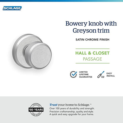 SCHLAGE F10 BWE 626 GSN Greyson Collection Bowery Passage Lock Knob, Satin Chrome - F10 BWE 625 GSN