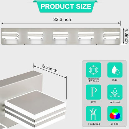 SOLFART LED Bathroom Lighting Fixtures - 5 Lights Modern Brushed Nickel Acrylic Vanity Lights for Mirror 32inch 24W