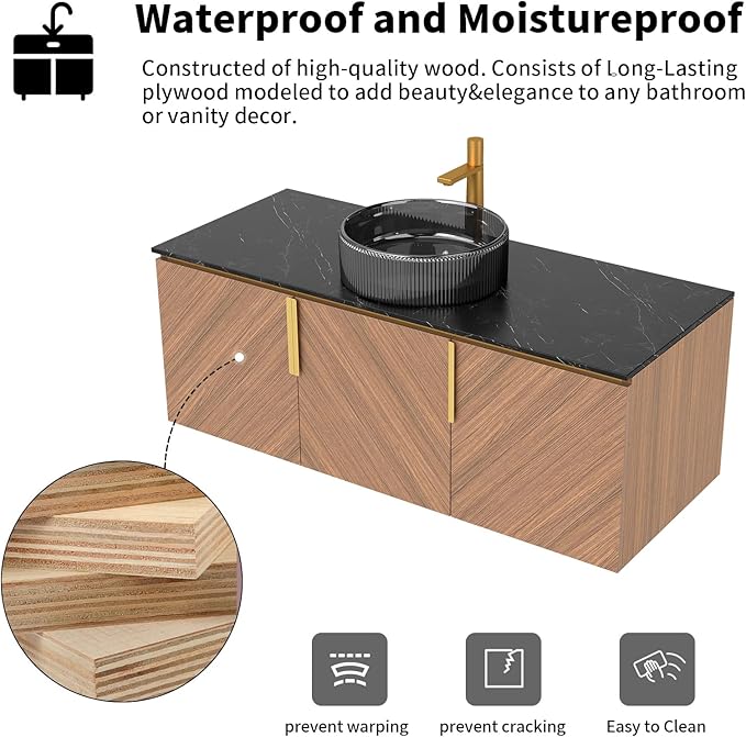 LKTART 48 Inch Bathroom Vanity with Sink, Modern Wall Mounted Bathroom Sink with 3 Doors, Black Sintered Stone Countertop and Black Round Glass Basin, Brown