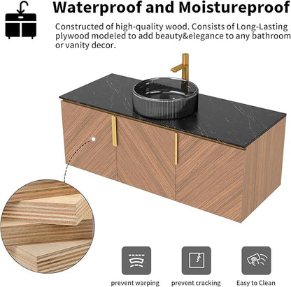 LKTART 48 Inch Bathroom Vanity with Sink, Modern Wall Mounted Bathroom Sink with 3 Doors, Black Sintered Stone Countertop and Black Round Glass Basin, Brown