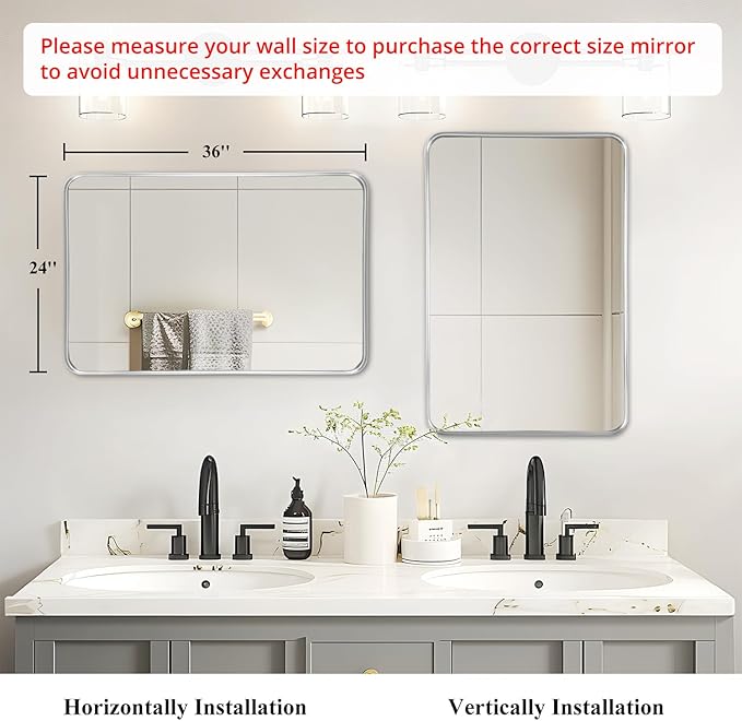 Fabuday Bathroom Mirrors for Over Sink 2 Pack - 36x24 Inch Rectangle Silver Mirrors for Bathroom Sink, Large Vanity Mirror Metal Frame Bath Wall Mirror Rectangular for Home, Bedroom, Restroom