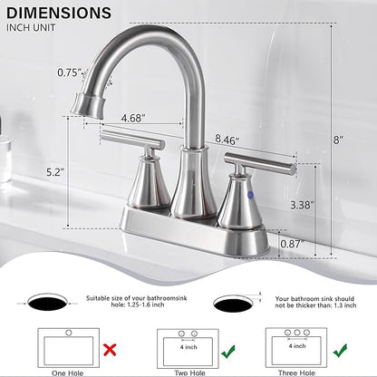 Bathroom Sink Faucet 4 Inch 2 Handle Centerset Brushed Nickel Lead-Free Modern Bathroom Faucet Vanity Faucet with Pop-up Drain Stopper and Supply Hoses